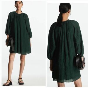 COS Teal Green Crinkled Shift Dress 3/4 Balloon Sleeves Size 6